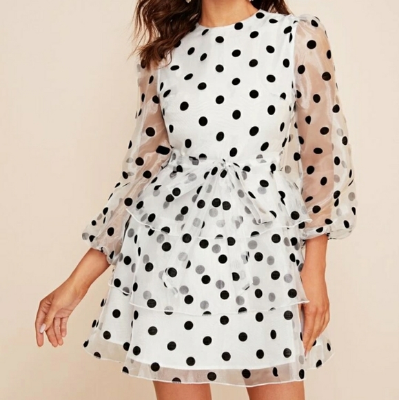 black and white polka dot skater dress White & Black Polka Dot Midi Dress - All Dresses main image 0